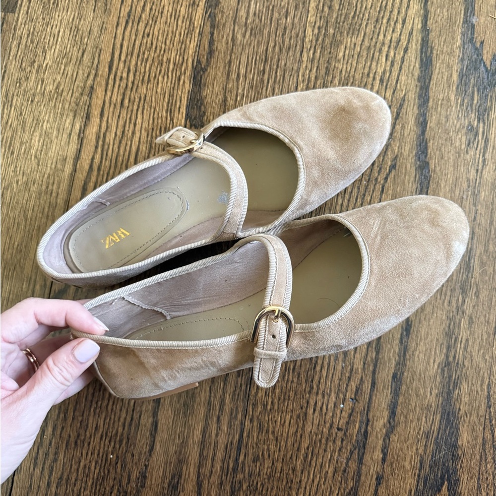 Zara Suede Mary Jane Flats in Light Tan with Gold Buckle